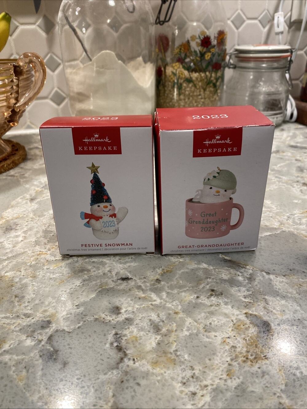2023 Hallmark Great-Granddaughter Snowman Hot Cocoa Mug Christmas Ornament LOT